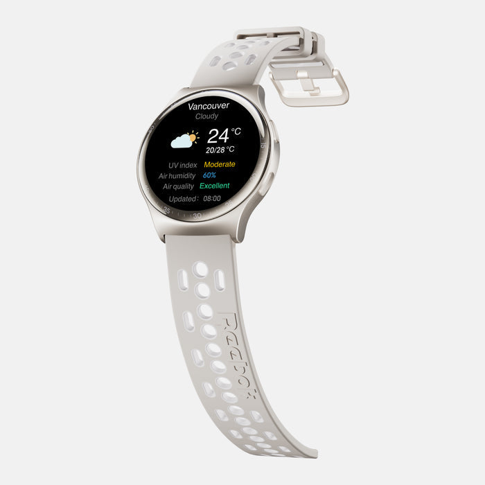 The Reebok Pulse Smartwatch by Reebok shows Vancouver’s weather—24°C, cloudy, moderate UV index, 60% humidity, excellent air quality—making this athletic smartwatch ideal for fitness tracking.