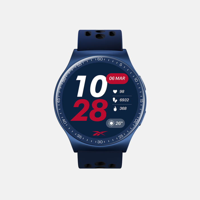 The Reebok Pulse Smartwatch by Reebok shows time (10:28), date (06 Mar), steps (6932), calories burned (368), heart rate (98 bpm), and a weather icon with 26°C on its round digital display.