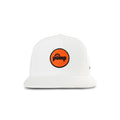 The Reebok Pump Hat by Reebok is a white flat brim cap with an orange circular "Pump" logo on the front in black text. It features an adjustable snap closure and is displayed against a plain white background.