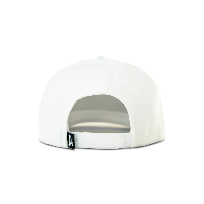 The Reebok Pump Hat by Reebok is a white flat brim cap displayed from the back, featuring an adjustable snap closure and a small black tag on the left side, set against a plain white background.