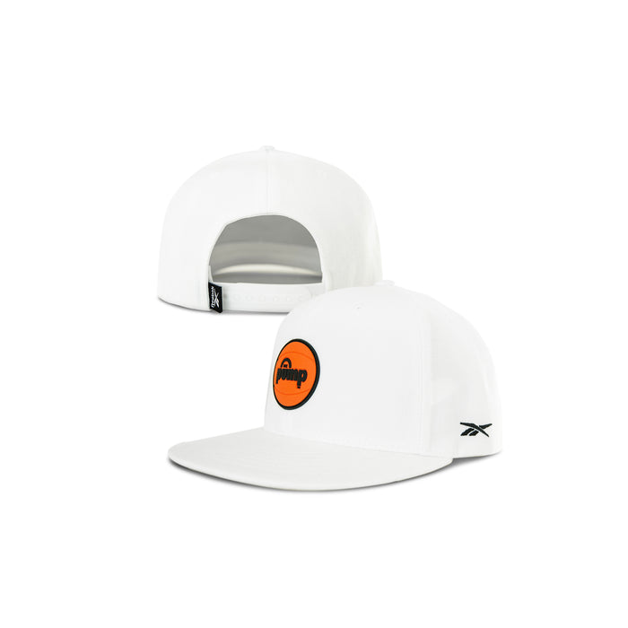 Two white Reebok Pump Hats are shown: one highlights the orange circular Pump patch on the front, while the other shows the adjustable snap closure. Both flat brim hats feature a small black Reebok logo on the side.
