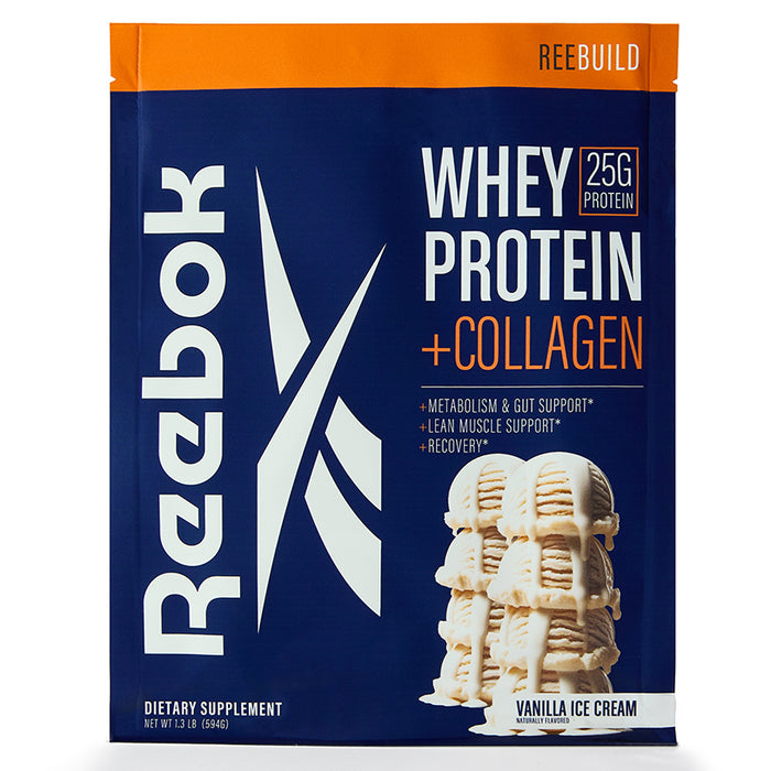 Reebok ReeBuild Whey Protein + Collagen in vanilla ice cream flavor features a large ice cream scoop on the pack and highlights 25g protein per serving, plus benefits for metabolism support and muscle recovery.