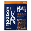 The Reebok ReeBuild Whey Protein + Collagen in chocolate fudge flavor features a blue package labeled REEBUILD, offering 25g protein per serving to support muscle recovery, with stacked fudge pieces pictured at the bottom.