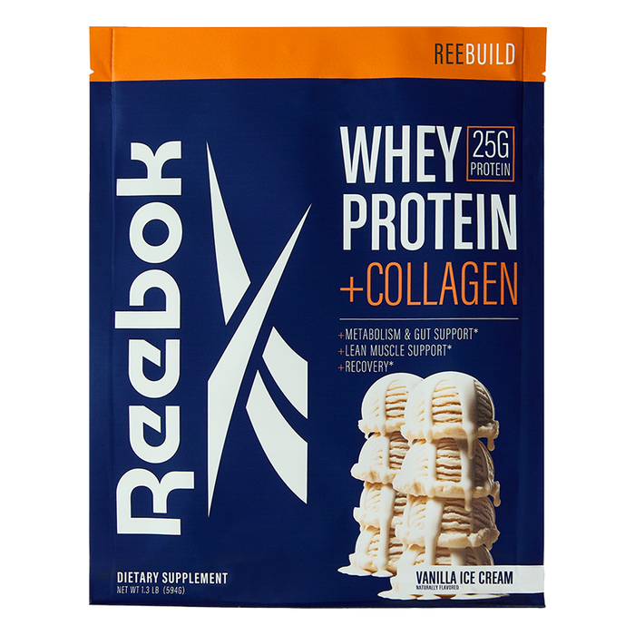 A blue and orange Reebok packet labeled “Reebok ReeBuild Whey Protein + Collagen” features 25g protein, vanilla ice cream scoops, and highlights metabolism, muscle recovery, support, and effective recovery.