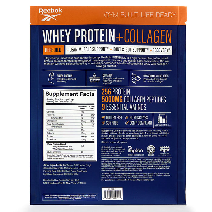 Back of a Reebok ReeBuild Whey Protein + Collagen pack displays nutrition info, benefits like muscle recovery, ingredients, and icons showing 25g whey protein, 5000mg collagen peptides, and 9 essential amino acids per serving.