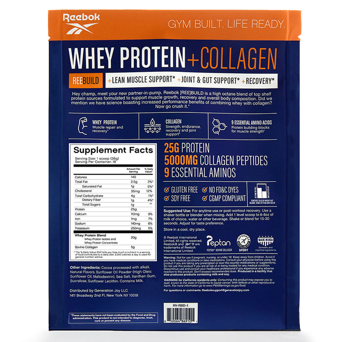 Back of a Reebok ReeBuild Whey Protein + Collagen bag showing nutrition facts, benefits for muscle recovery, ingredients, and highlights like 25g whey protein, 5000mg collagen peptides, 9 essential amino acids, and allergen info.