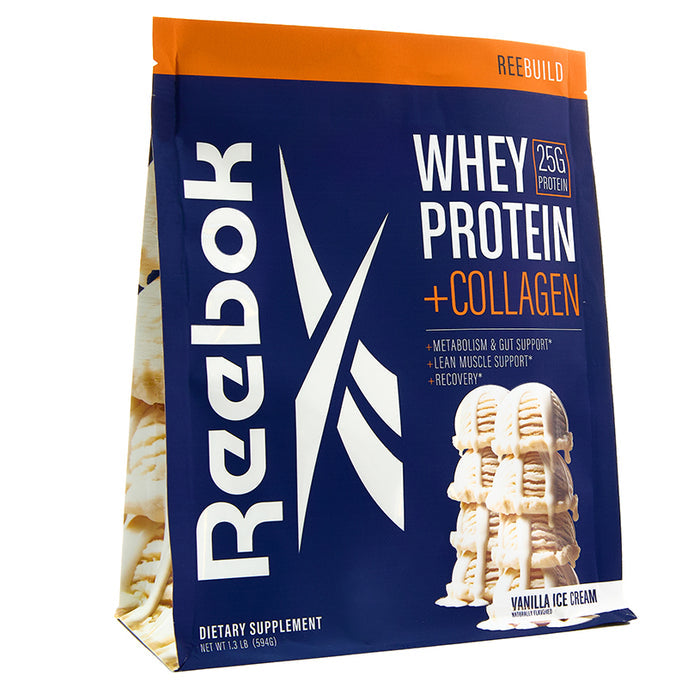 A standing blue and beige pouch of Reebok ReeBuild Whey Protein + Collagen in Vanilla Ice Cream flavor, with stacked vanilla scoops and bold text showing 25g whey protein per serving for enhanced muscle recovery.