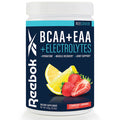 A container of Reebok ReeCover BCAA + EAA + Electrolytes in strawberry lemonade flavor, with lemon and strawberry images on the label, formulated to support muscle recovery with essential amino acids.