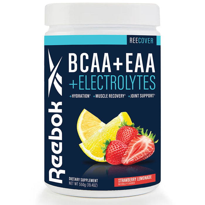 A container of Reebok ReeCover BCAA + EAA + Electrolytes in strawberry lemonade flavor, with lemon and strawberry images on the label, formulated to support muscle recovery with essential amino acids.