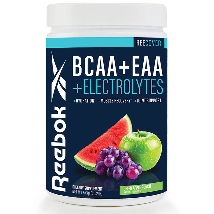 A tub of Reebok ReeCover BCAA + EAA + Electrolytes in Green Apple Punch flavor, featuring a label with watermelon, green apple, and grapes to emphasize hydration and workout recovery benefits.