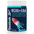 A Reebok ReeCover BCAA + EAA + Electrolytes dietary supplement in Rocket Moon Pop flavor features a dark blue label with a red, white, and blue rocket popsicle image—ideal for muscle recovery with essential amino acids.