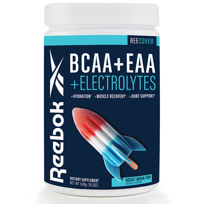 A Reebok ReeCover BCAA + EAA + Electrolytes dietary supplement in Rocket Moon Pop flavor features a dark blue label with a red, white, and blue rocket popsicle image—ideal for muscle recovery with essential amino acids.