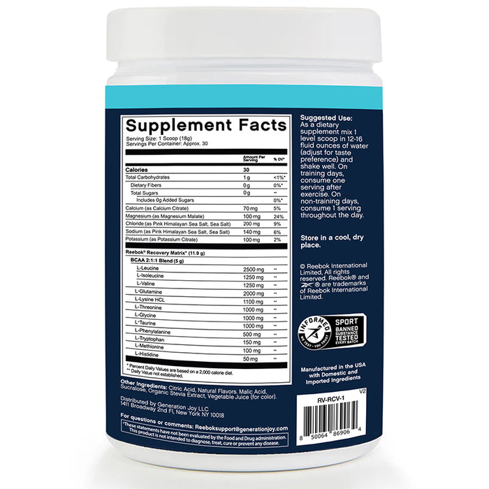 A container of Reebok ReeCover BCAA + EAA + Electrolytes dietary supplement powder features a Supplement Facts label with amino acids for muscle recovery, nutritional info, serving size, usage instructions, and certifications on a blue background.