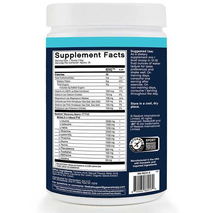 A white and blue Reebok ReeCover BCAA + EAA + Electrolytes container features a Supplement Facts label with Essential Amino Acids, BCAAs for recovery, ingredients, serving size, suggested use, and Informed Sport and Informed Choice certifications.