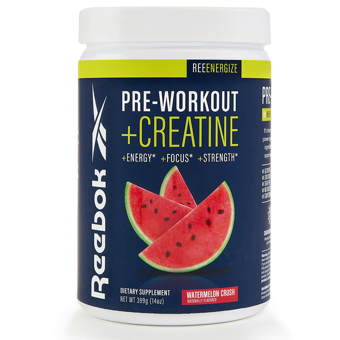 A white container of Reebok ReeEnergize Pre-Workout + Creatine in Watermelon Crush flavor features a watermelon slice image on the label and highlights energy, focus, strength, and workout endurance benefits.