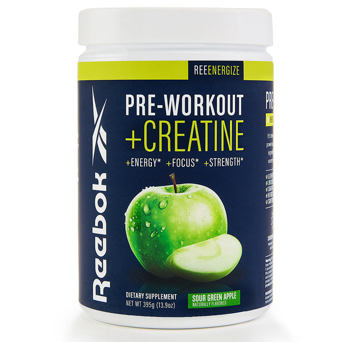 A white container of Reebok ReeEnergize Pre-Workout + Creatine in sour green apple flavor, with creatine monohydrate, clean caffeine, and bold highlights for energy, focus, and strength plus a vibrant green apple image.
