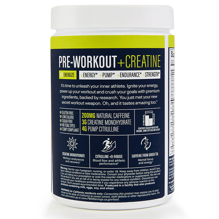 Reebok ReeEnergize Pre-Workout + Creatine features a white lid and label highlighting energy, pump, endurance, and strength benefits with clean caffeine, gluten-free ingredients, and no artificial colors or sweeteners.
