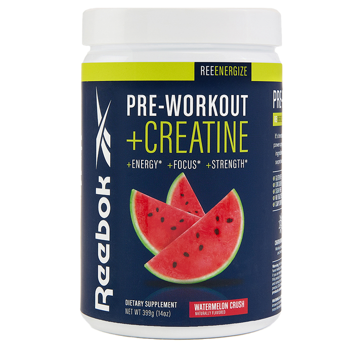 A container of Reebok ReeEnergize Pre-Workout + Creatine in Watermelon Crush flavor, with a label showing watermelon slices and highlighting energy, focus, strength, and workout endurance benefits.