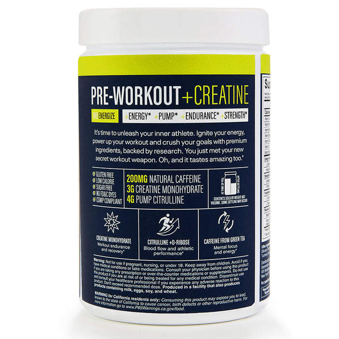 A white tub of Reebok ReeEnergize Pre-Workout + Creatine boosts workout endurance, pump, and strength with key ingredients like caffeine, creatine monohydrate, and pump citrulline.