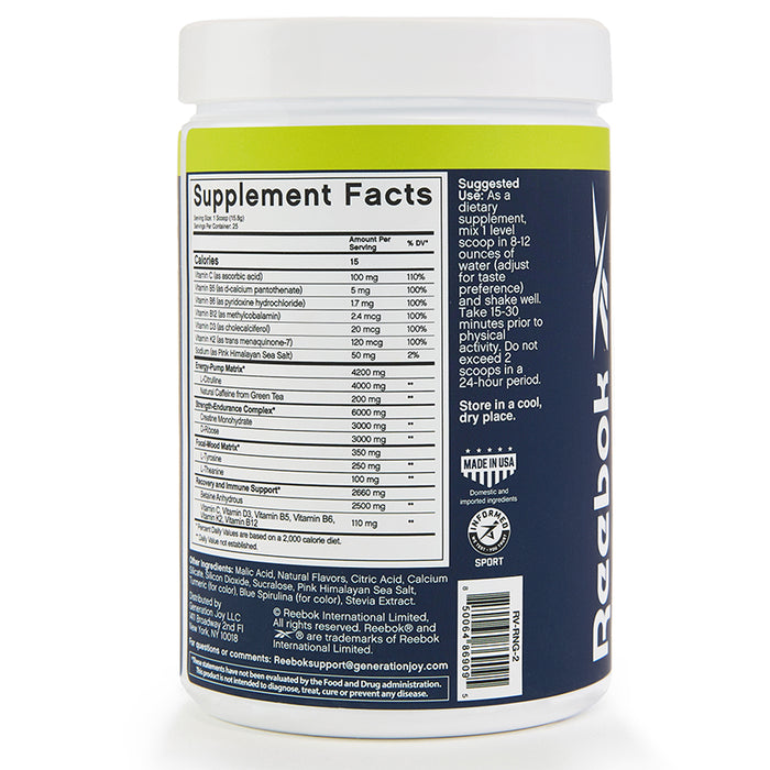 A white container with a blue label showing supplement facts, creatine monohydrate, usage and storage info for Reebok ReeEnergize Pre-Workout + Creatine. It features the Reebok logo and a Made in USA emblem.