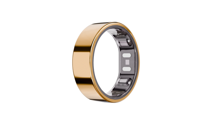 The Reebok Smart Ring by Reebok, shown in gold with a smooth, polished finish and built-in biometric sensors, is displayed against a simple white background.