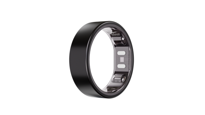 The Reebok Smart Ring by Reebok features a sleek black design with a metallic inner surface, embedded sensors, and electronic components for biometric tracking, shown against a plain white background.