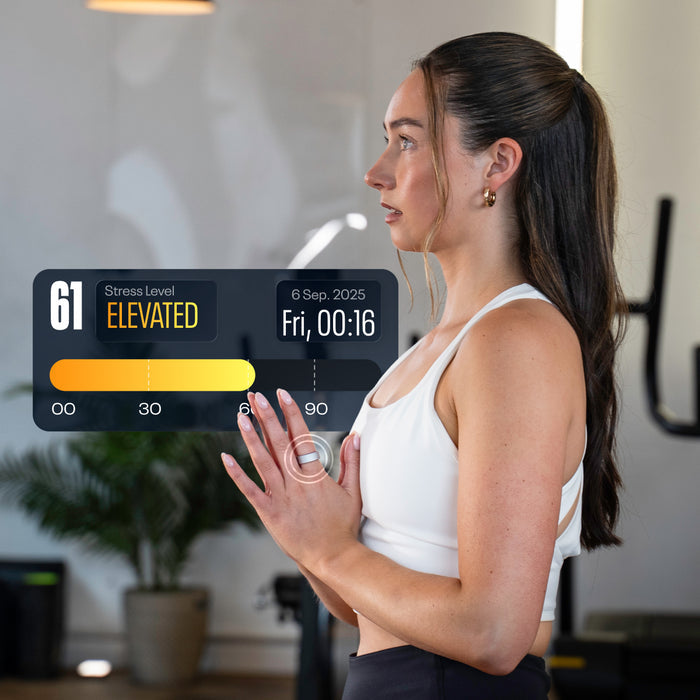 A woman in workout attire poses indoors. A digital overlay from her Reebok Smart Ring shows a stress level of 61 (elevated), biometric data, and the date and time: September 6, 2025, 00:16.