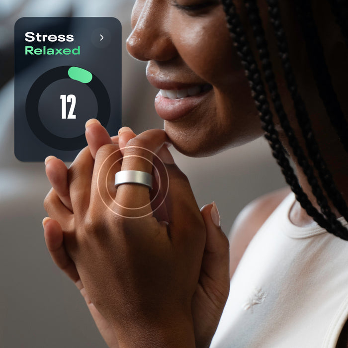 A woman in a white top wears the Reebok Smart Ring by Reebok, smiling with clasped hands as an overlay displays her "Relaxed" stress level and a score of 12, measured using biometric data.