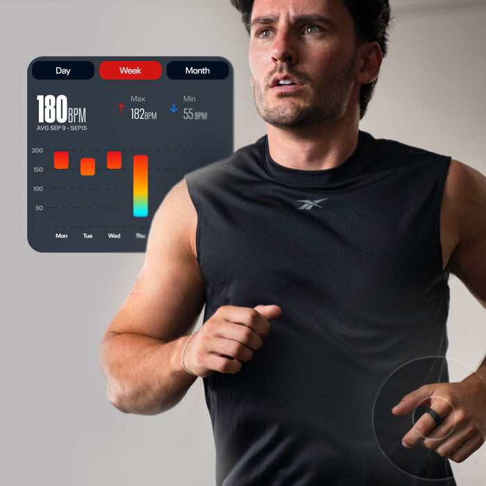 A man in a sleeveless black athletic shirt runs while tracked by the Reebok Smart Ring. An on-screen graphic displays his weekly data: average heart rate 180 BPM, max 182 BPM, and minimum 55 BPM.