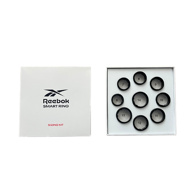 The Reebok Smart Ring sizing kit by Reebok comes in a white box labeled "Reebok Smart Ring Sizing Kit" and includes a tray with eight black plastic ring sizers, designed to ensure the perfect fit for your Reebok Smart Ring.