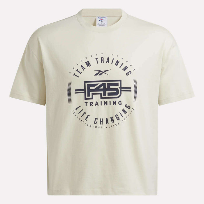 The Reebok X F45 Training Graphic T-Shirt by Reebok showcases the "F45 Training" logo and the phrase “Team Training, Life Changing” in a circular design on the front—an essential fitness tee for any active lifestyle.
