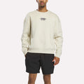 A person stands against a plain white background wearing the Reebok x F45 Training Relaxed Graphic Sweatshirt in Linen with a small chest logo, paired with black shorts.