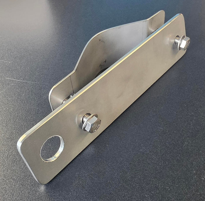 A brushed stainless steel mounting bracket with two hex bolts and nuts