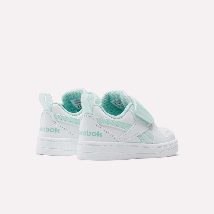 The Reebok Kids' Royal Prime Snug Shoes - Baby & Toddler in white and mint green feature Velcro straps for easy wear. Shown from the back and side on a plain white background, they combine style and convenience for little ones.