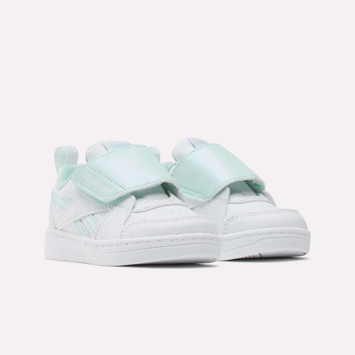 Reebok Kids' Royal Prime Snug Shoes for baby and toddler girls in white with light mint green velcro straps, accents, and pull tabs. Designed for comfort and style, these easy-on shoes are perfect for little ones on the move.