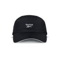 The front of the black Reebok Running Cap features the white Reebok logo and brand name on its panel, plus a slightly curved brim. This lightweight hat offers both comfort and style.