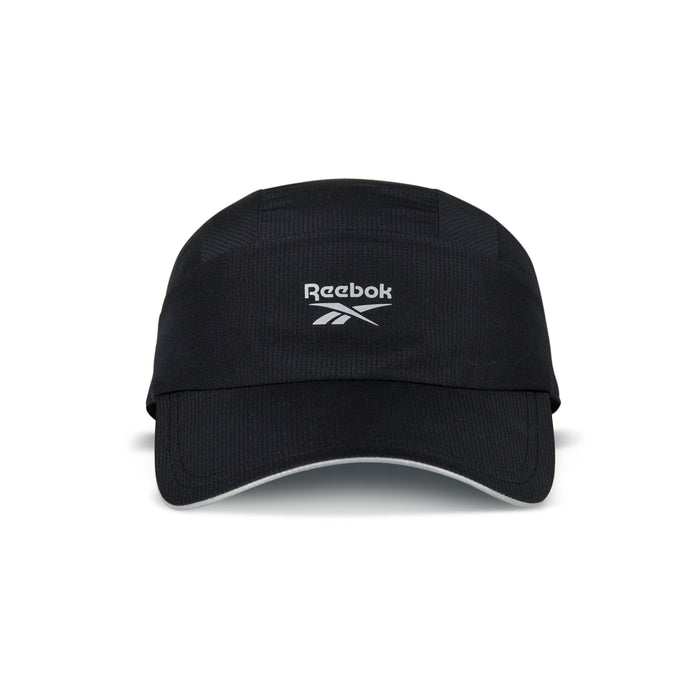 The front of the black Reebok Running Cap features the white Reebok logo and brand name on its panel, plus a slightly curved brim. This lightweight hat offers both comfort and style.