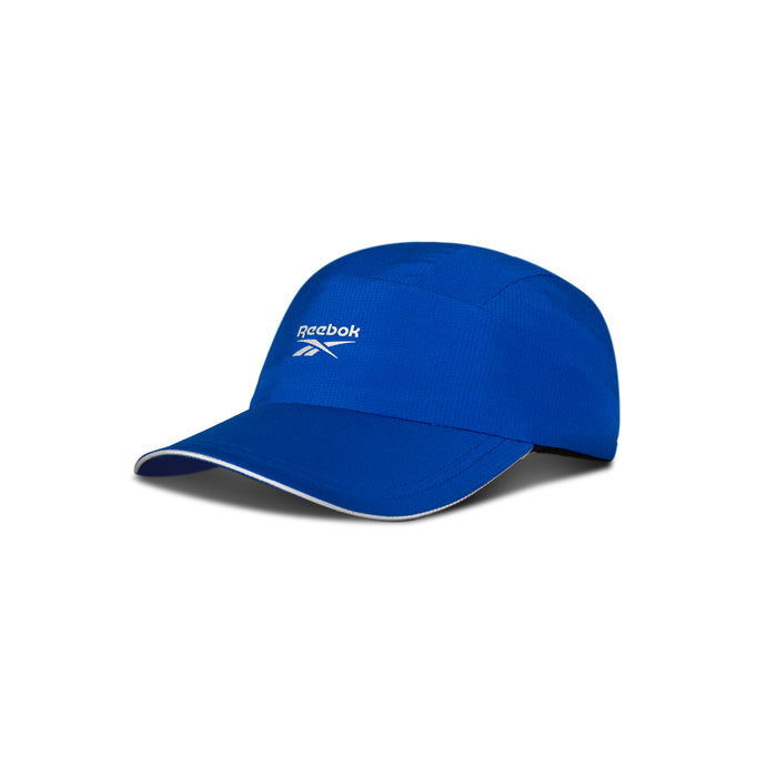 The Reebok Running Cap is a blue, lightweight hat with a curved brim and white Reebok logo on the front. It offers moisture-wicking comfort and is shown against a white background.