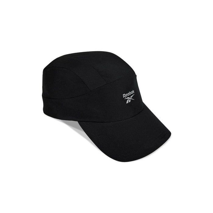The Reebok Running Cap is a black, lightweight hat with a curved brim and white Reebok logo, made from moisture-wicking fabric. Displayed against a plain white background.