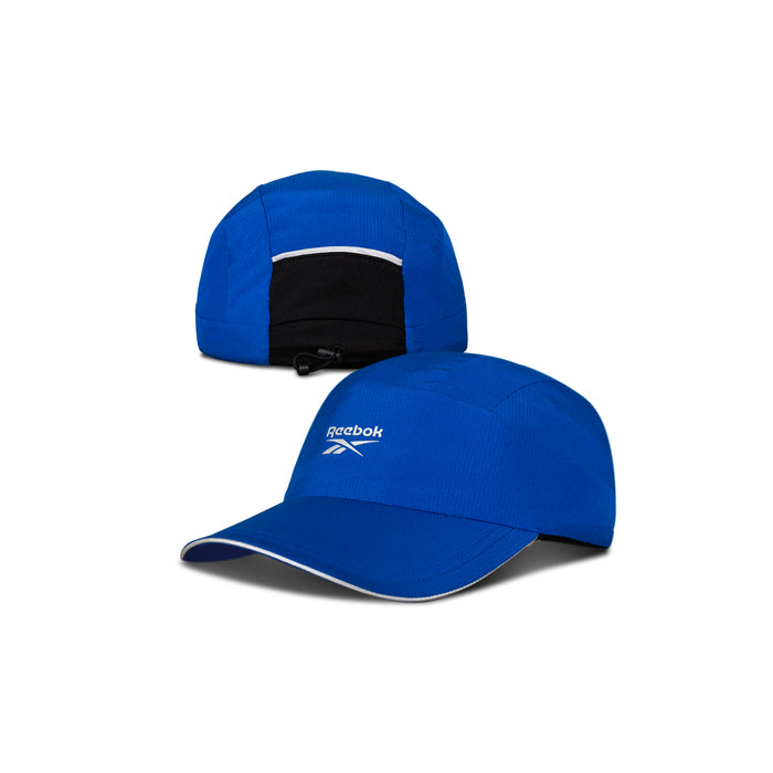 Two blue Reebok Running Caps are shown: one displays the front with a curved brim and white logo, the other shows the back with a black adjustable strap. Both moisture wicking, lightweight caps are set against a white background.