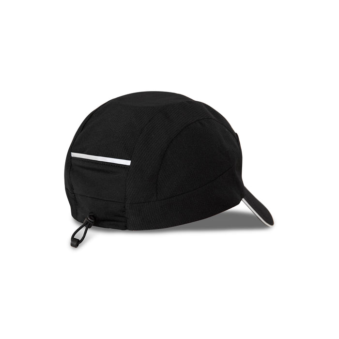 The Reebok Running Cap is a black, lightweight hat with a small brim, an adjustable back strap, and a reflective strip for visibility. This moisture-wicking cap is shown on a white background.