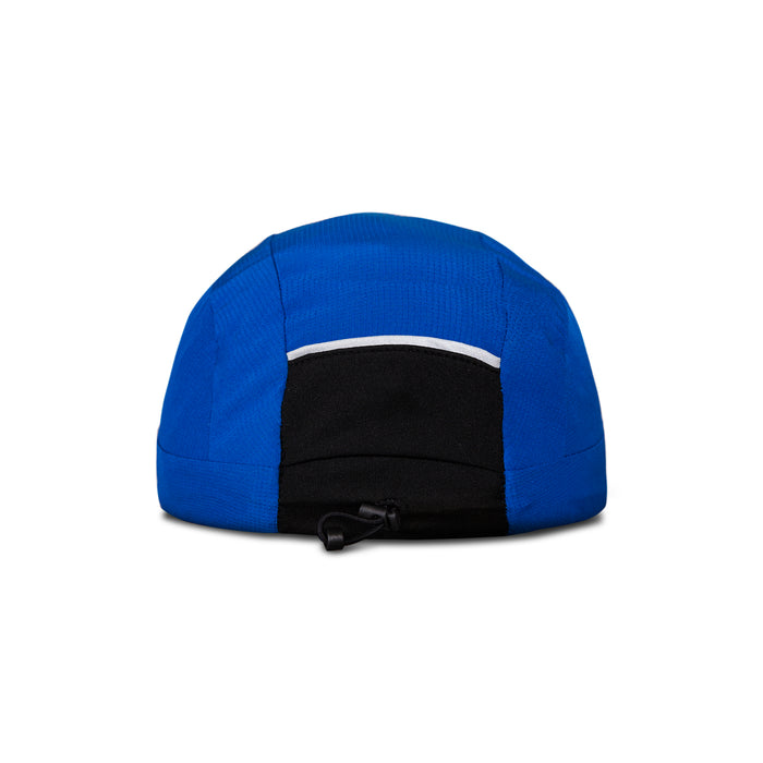 Reebok Running Cap in blue and black, shown from the back with a black adjustable strap, a white reflective strip above it, and lightweight moisture-wicking fabric—ideal for comfortable runs.