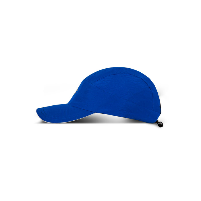 The Reebok Running Cap is a blue, lightweight hat with a curved brim, adjustable strap, and moisture-wicking fabric, shown in profile against a white background.