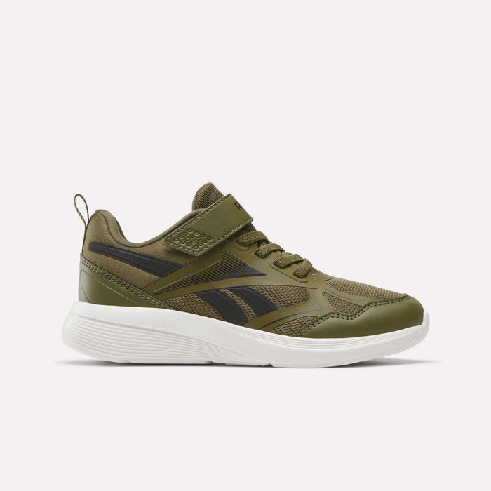 The Reebok Rush Runner 6.0 Elastic Lace Top Strap Running Shoes for little kids feature an Olive Stone, Black, and Chalk color scheme, with black accents, a white EVA cushioned sole, a mesh and synthetic upper, both Velcro strap and elastic laces, plus a low-cut design—all displayed against a plain white background.