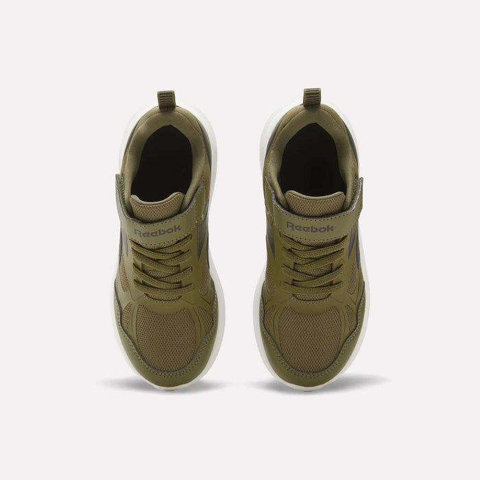 A pair of Rush Runner 6.0 Elastic Lace Top Strap Running Shoes by Reebok in olive green, featuring white soles, is shown from above on a simple light background—ideal for little kids’ all-day comfort and active adventures.