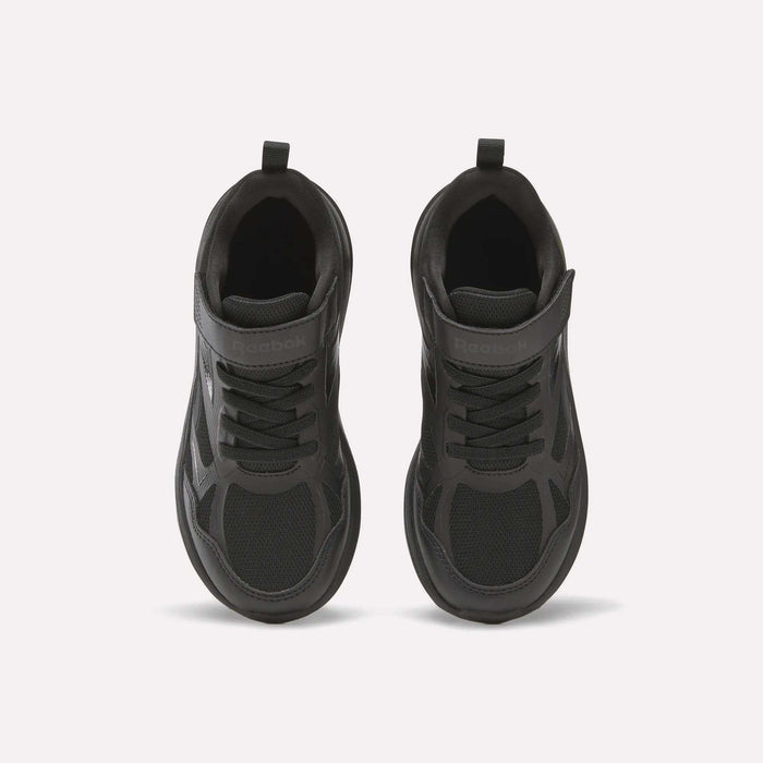 Top view of Reebok Rush Runner 6.0 Elastic Lace Top Strap Running Shoes for little kids, featuring mesh and synthetic materials, elastic laces, and a top strap—ideal for all-day play, shown on a plain light background.