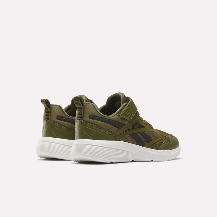 A pair of Rush Runner 6.0 Elastic Lace Top Strap Running Shoes by Reebok for little kids in olive green with black accents and white soles, displayed to showcase the back and side views against a plain light background.