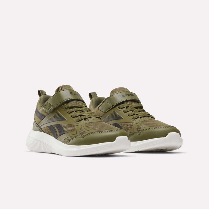 A pair of olive green Rush Runner 6.0 Elastic Lace Top Strap Running Shoes by Reebok, designed for little kids, featuring white soles, breathable mesh fabric, elastic laces with a top Velcro strap, and black accents. Perfect for all-day comfort and active play, these athletic sneakers are displayed on a plain white background.