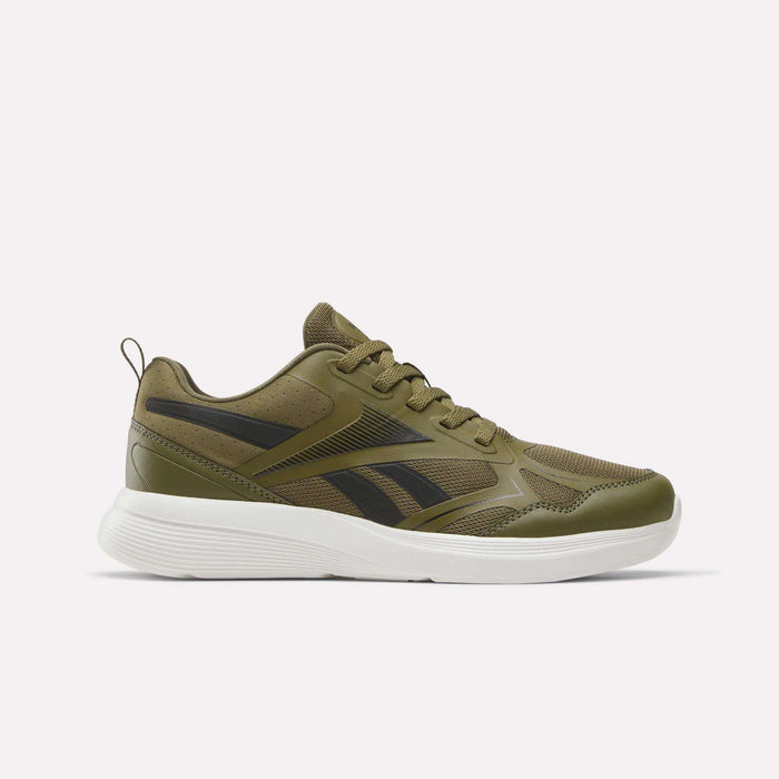 The Reebok Rush Runner 6.0 Running Shoes for big kids are shown in a side profile view on a plain white background, featuring an olive stone upper with black accents, a lace-up design, and a white chalk sole with an EVA midsole.