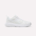 The Reebok Rush Runner 6.0 Running Shoes for big kids feature a mesh and synthetic white upper, white laces, and a textured EVA midsole—ideal for active lifestyles. Shown side profile in White/White/White on a plain background.